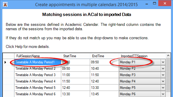 ACal 4 1: MMC Matching imported timetable sessions Academic Calendar